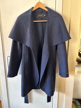 Tahari Navy Blue Wrap Jacket Coat with Belt and Shawl Collar